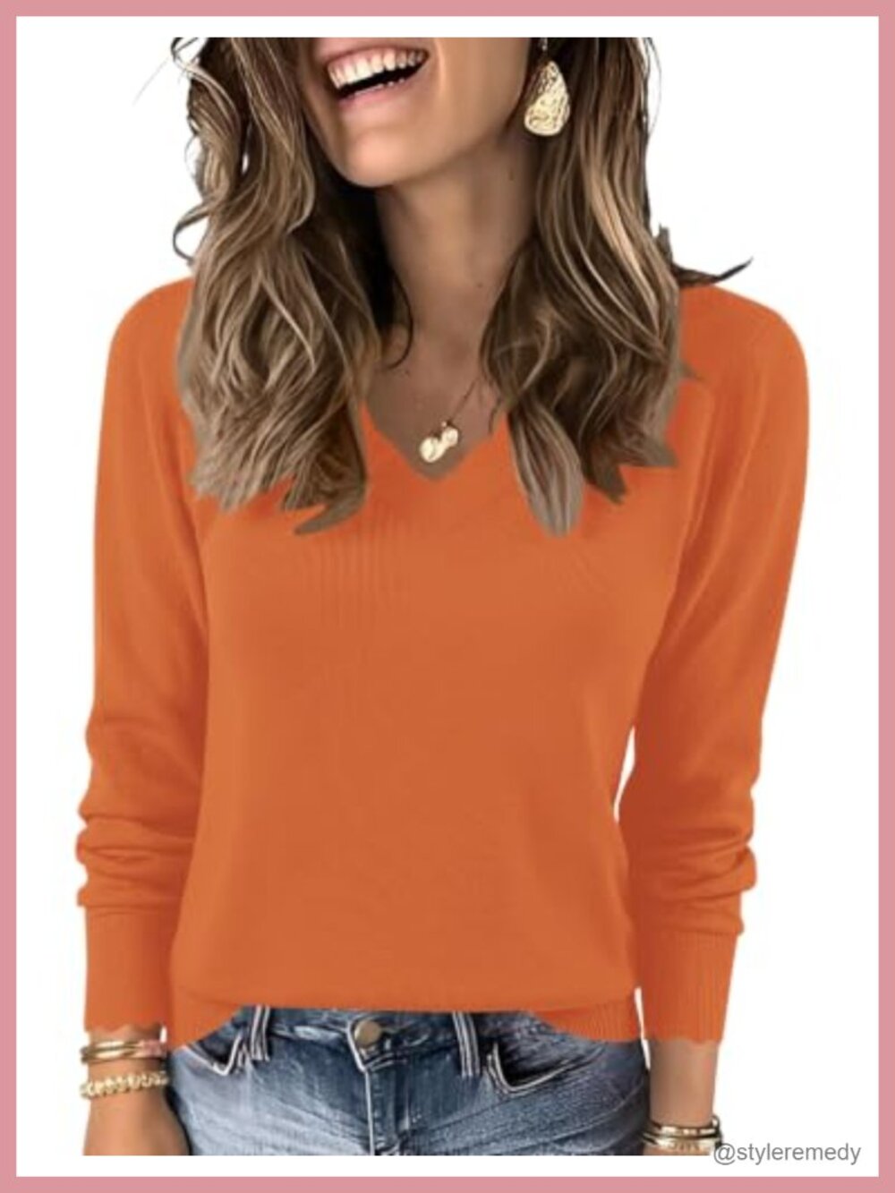 Women Scalloped V Neck Sweater Long Sleeve Loose Knit Top